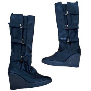 Saint Laurent YSL Vintage Tall Leather Buckle Wedge Boots Size 39/9 Black